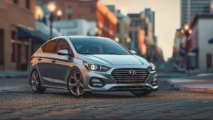 Сріблястий Hyundai Accent на міській вулиці, вигляд спереду збоку