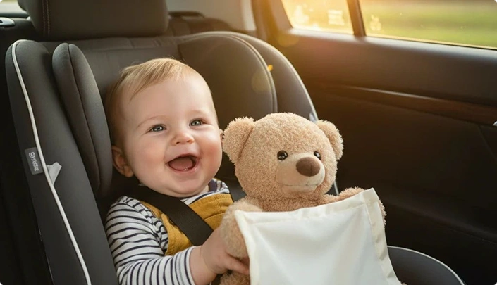 Дитина в автокріслі з іграшкою під час поїздки - mytaxitransfer24