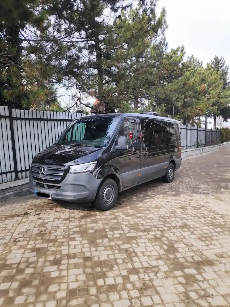 Мінівен Mercedes Sprinter для трансферу Буковель Львів біля огорожі